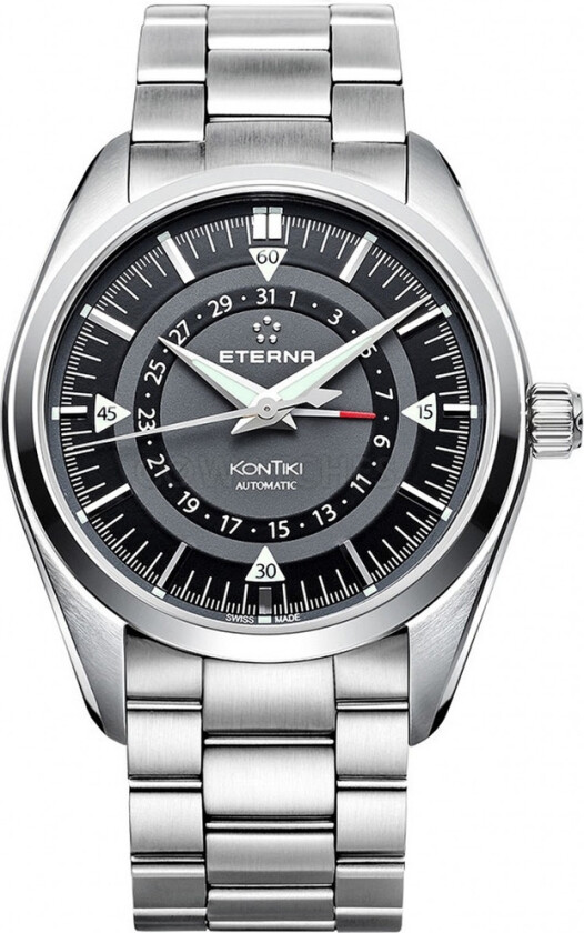 Eterna KonTiki Four Hands 1598.41.41.0217 - Automatisk - Sølv - Herreklokker - Rustfritt stål - ledd m/pin - Safir