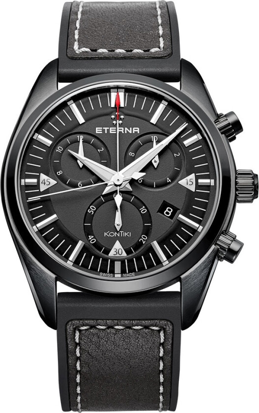 Eterna KonTiki Quartz Chronograph 1250.43.41.1308 - Kvarts - Sort - Herreklokker - Skinn - Safir