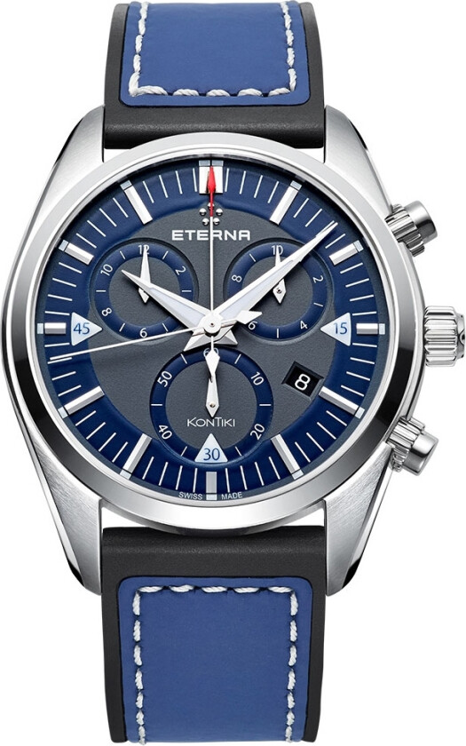 Eterna KonTiki Quartz Chronograph 1250.41.81.1303 - Kvarts - Sølv - Herreklokker - Skinn - Safir