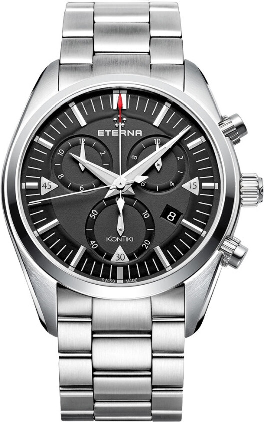 Eterna KonTiki Quartz Chronograph 1250.41.41.0217 - Kvarts - Sølv - Herreklokker - Rustfritt stål - ledd m/pin - Safir