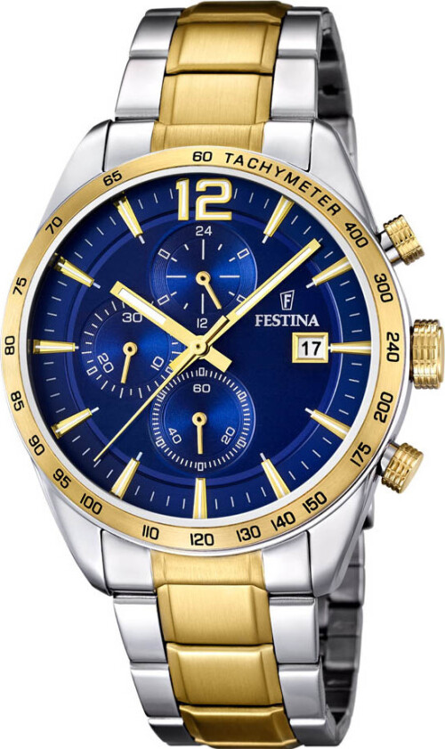 Steel Gold Navy Chronograph F16761/2 - Kvarts - Gull Sølv - Herreklokker - Rustfritt stål - ledd m/skrue - Mineral