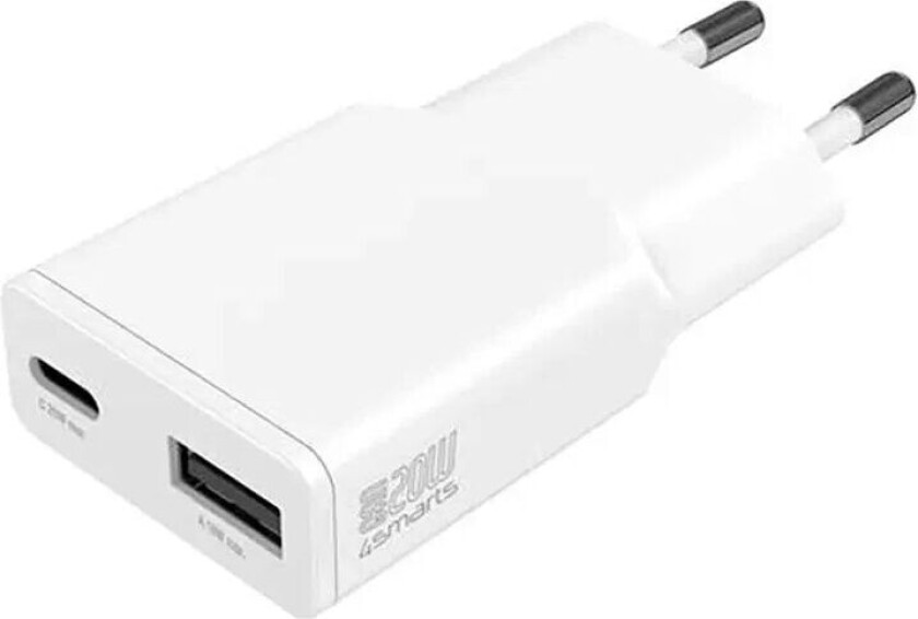 PD Slim Vegglader GaN 20W m 1 x USB-C & 1 x USB-A - Hvit