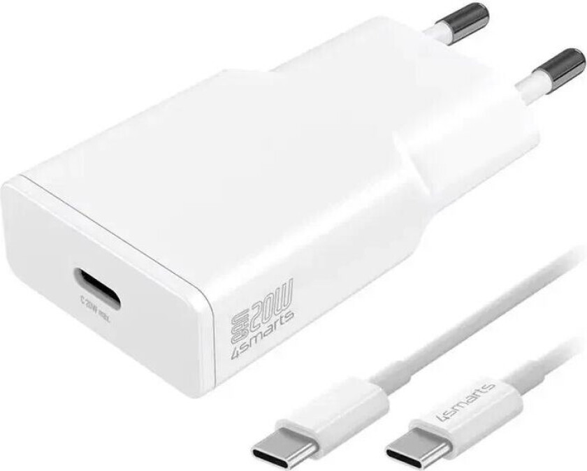 PD Slim USB-C Vegglader 20W GaN m USB-C Kabel - Hvit
