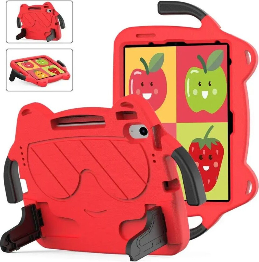 iPad Air 11" (2024) Barnedeksel - Smiley - Stativ og Håndtak - Rød