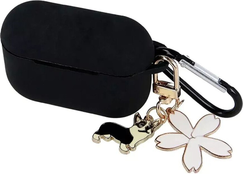 Apple AirPods Pro 2nd Gen (2022) Silikondeksel med Karabinkrok og Anheng - Blomst og Hund - Svart