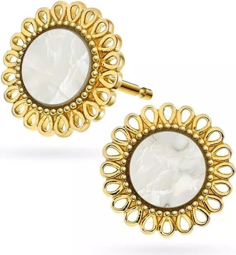 , Øredobber i 585 gult gull med perlemor og blomstdesign