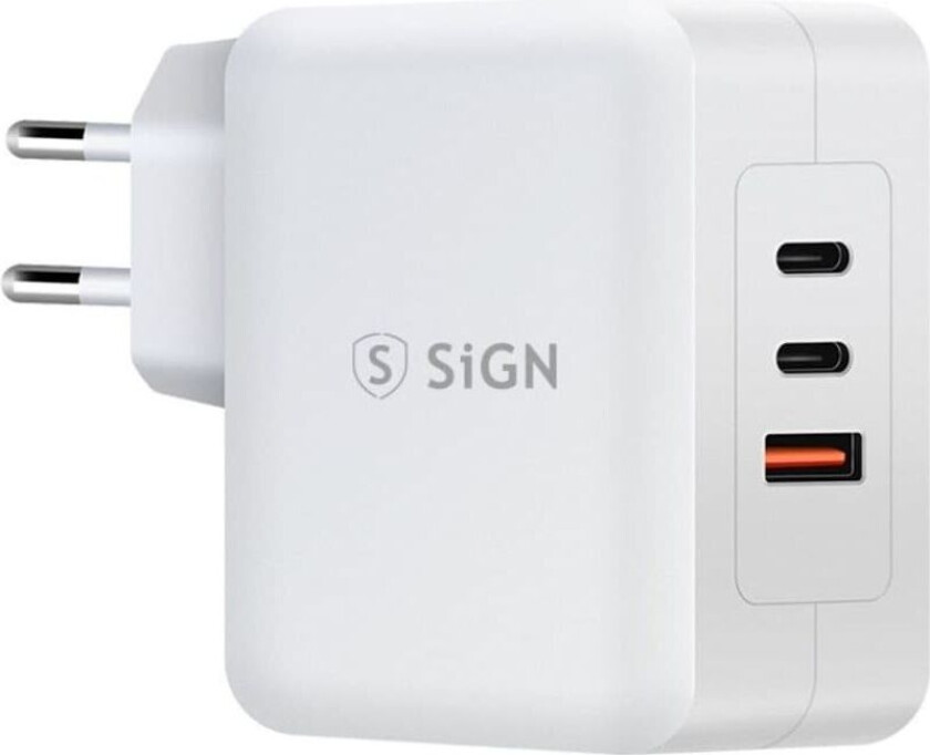 SiGN 100W 2xUSB-C & USB-A GaN Vegglader for bærbar PC og smarttelefon