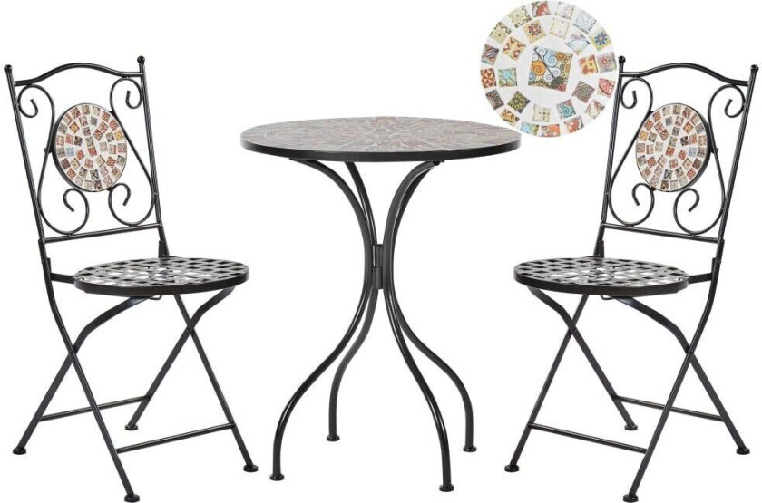 Bistrosett til Hagen Svart Metallbord og Sammenleggbare Stoler Mosaikkmønster Fliser Utesett i Vintage-stil