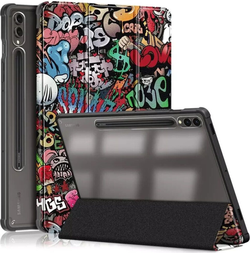 Samsung Tab S9+ (Plus) Tri-Fold Deksel i Kunstskinn med Penneholder - Gjennomsiktig / Graffiti