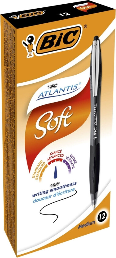 Bic Atlantis Soft, Klips, Uttrykkbar Kulepenn Med Hengefeste, Gjenfyllbar, Sort, 12 Stykker, Medium