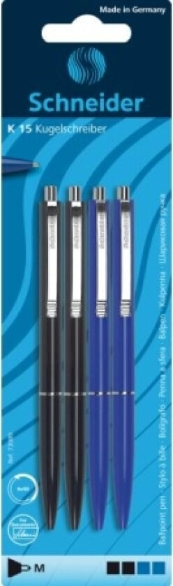 Schneider Schreibgeräte K 15 Box, Klips, Multifunksjonell Kulepenn, Gjenfyllbar, Sort, Blå, 4 Stykker