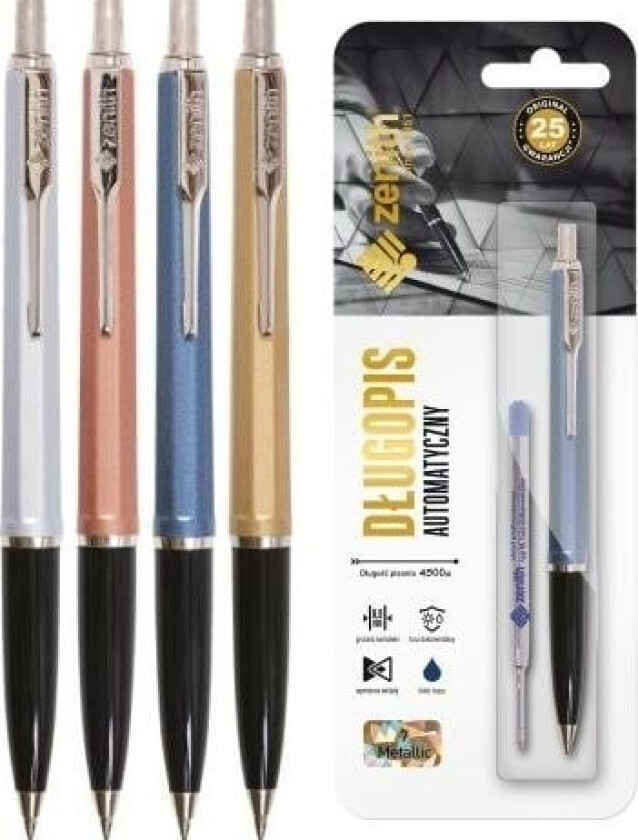 7 Metallic Uttrekkbar Kulepenn + Refill - Blisterpakning