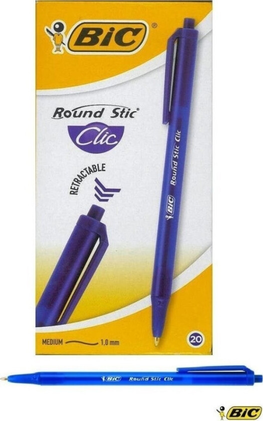 Bic Round Stic Clic, Klips, Uttrykkbar Kulepenn Med Hengefeste, Blå, 20 Stykker, Medium