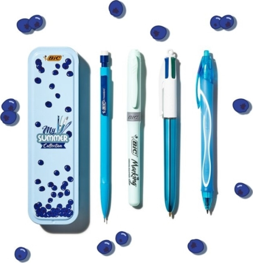 Bic Summer Blue Box, Klips, Uttrykkbar Kulepenn Med Hengefeste, Gjenfyllbar, Sort, Blå, Grønn, Rød, 5 Stykker
