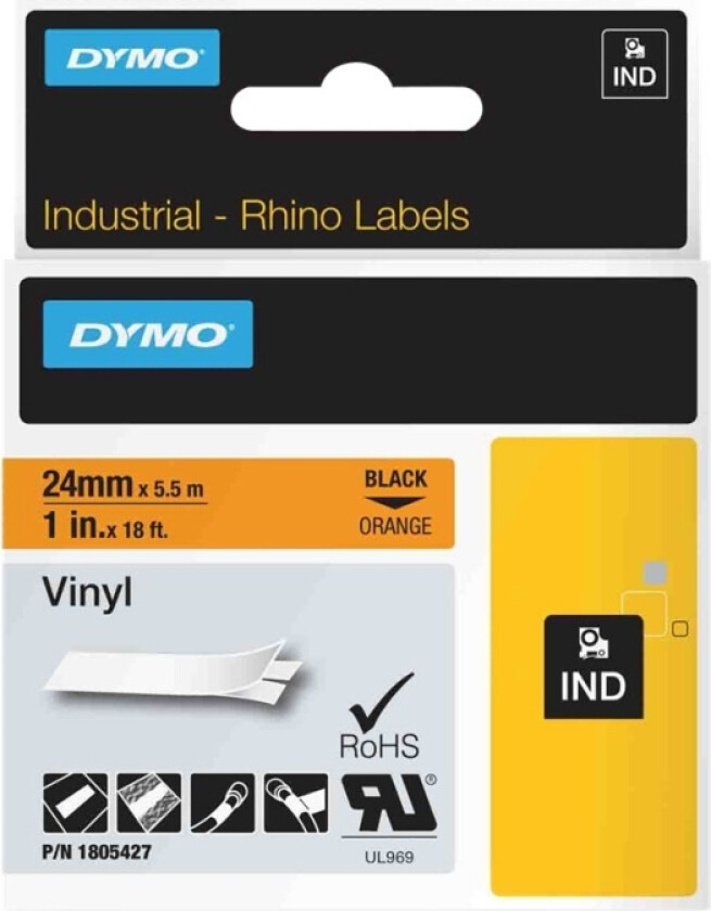 Rhino Coloured Vinyl - Vinyl - Permanet Adhesiv - Sort På Oransje - Rull (2,54 Cm X 5,5 M) 1 Kassett(Er) Tape - For Rhino 4200, 6000, 6000 Hard