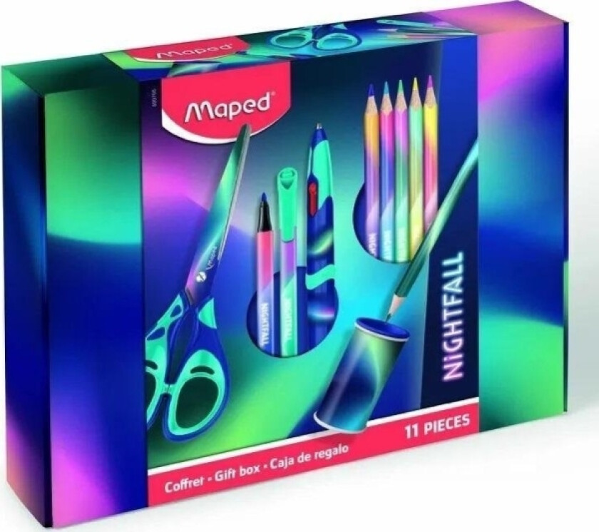 Kartlagt Gaveeske 11 Stk. 5X Nightfall Fargeblyanter, 1X Nightfall Teens Saks 16 Cm, 1X 4-Farget Kulepenn Nightfall, 1X Blyantspisser Nightfall, 1X B
