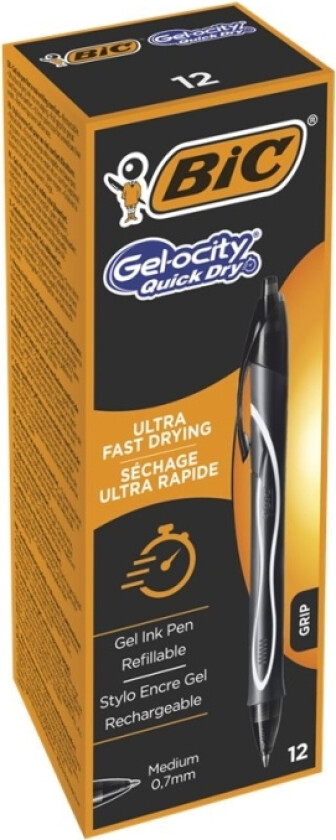 Bic Gel-Ocity Quickdry - Rulleballpenn - Svart - Gelblekk - 0.7 Mm - Medium - Retraktil (En Pakke 12)