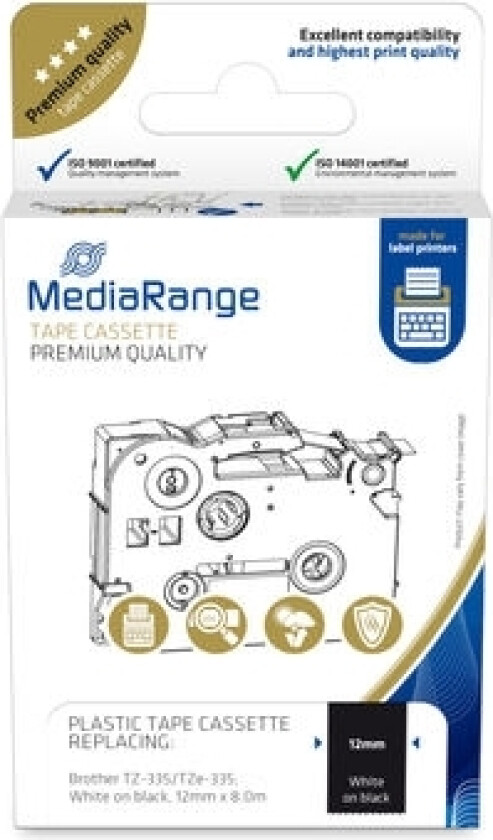 Mediarange Mrbtz335, Hvitt På Svart, Kontinuerlig Etikett, Plast, Brother, P-Touch 1010, 1080, 1090, 1260Vp, 1280, 1280Dt, 1290, 1750, 1830Vp, 18R, 2
