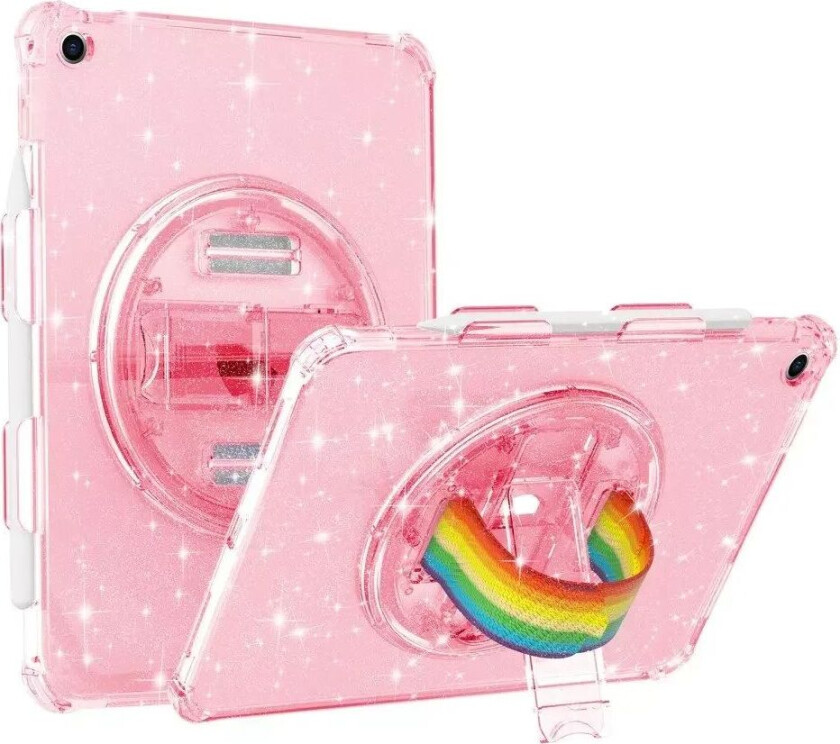 iPad 10.2" (2021 / 2020 / 2019) Hard Plast Deksel m. Håndholder, Kickstand & Skulderrem - Gjennomsiktig / Glitter Rosa