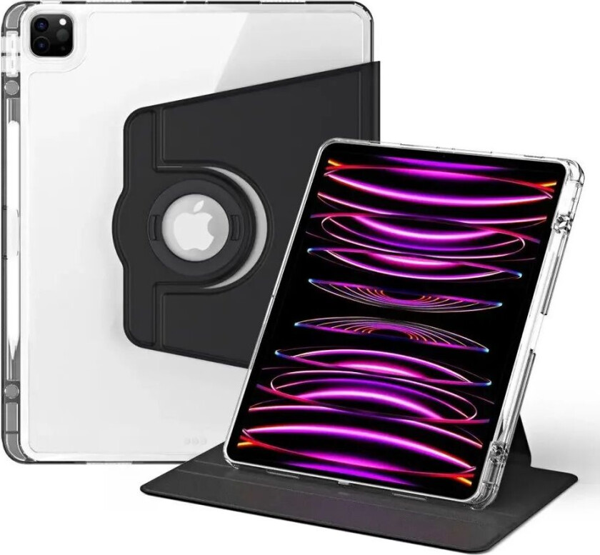 iPad Pro 12.9" (2022 / 2021 / 2020 / 2018) 2 i 1 Hybrid Flip Deksel m. Pennholder og Kameralinsebeskytter - Svart / Gjennomsiktig