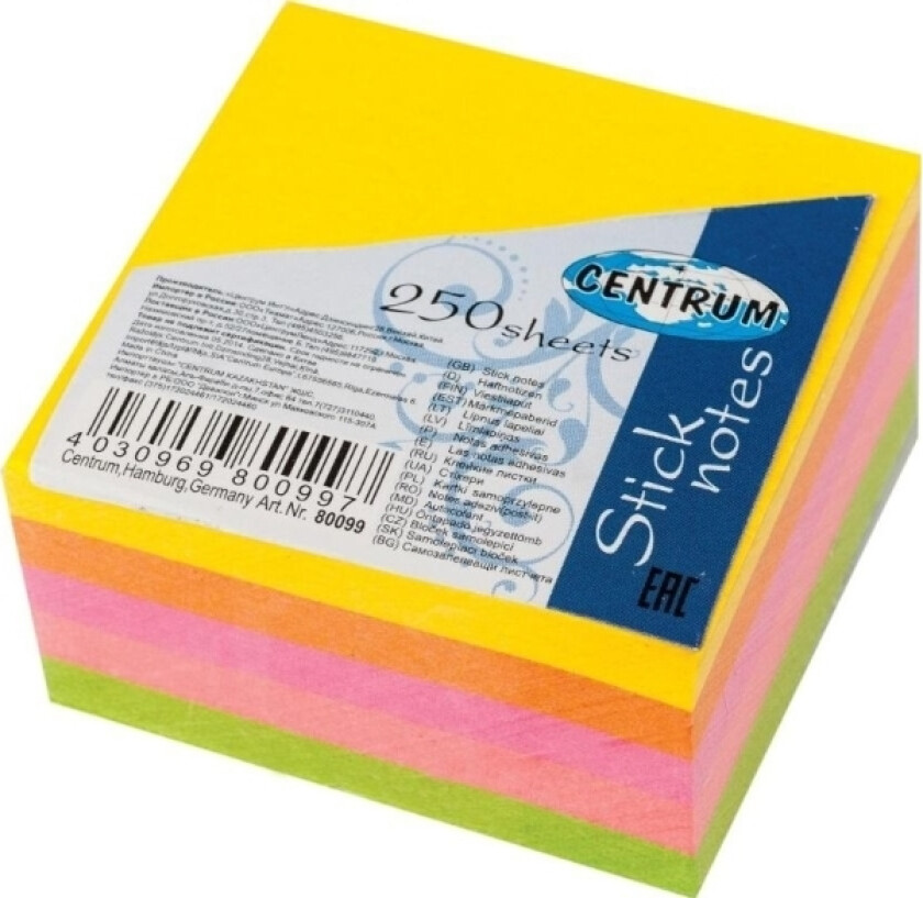Centrum Selvklæbende Notatbok Senter 51X51mm 5X50 Neonnotater