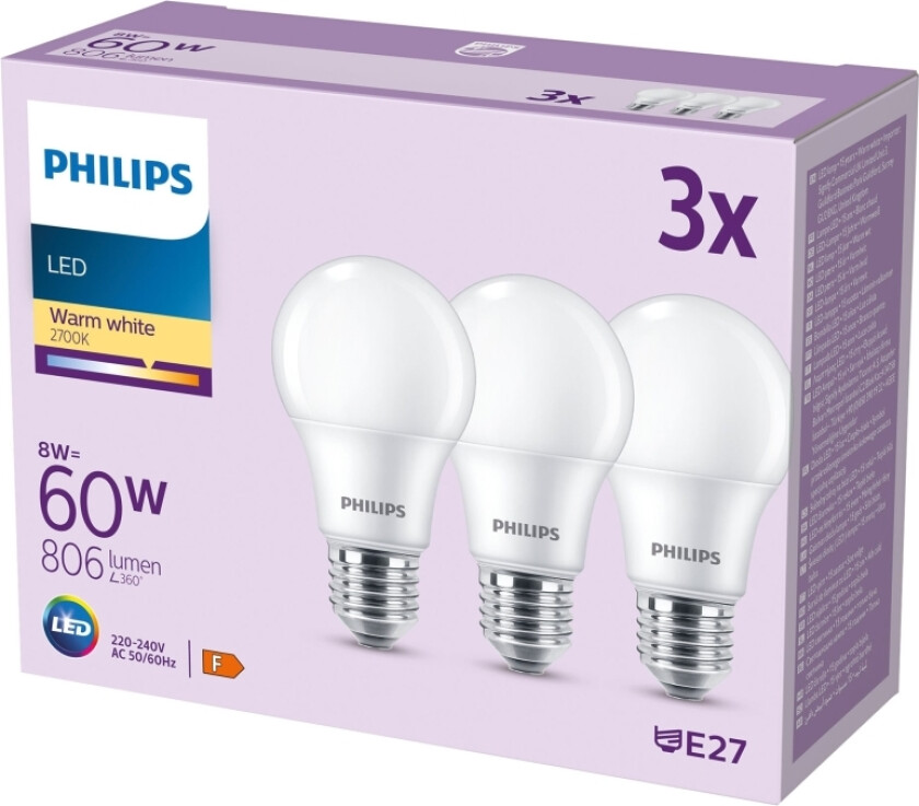 - Led-Lyspære - Form: A60 - Mattslipt Finish - E27 - 8 W (Ekvivalent 60 W) - Klasse F - Varmt Hvitt Lys - 2700 K (En Pakke 3)