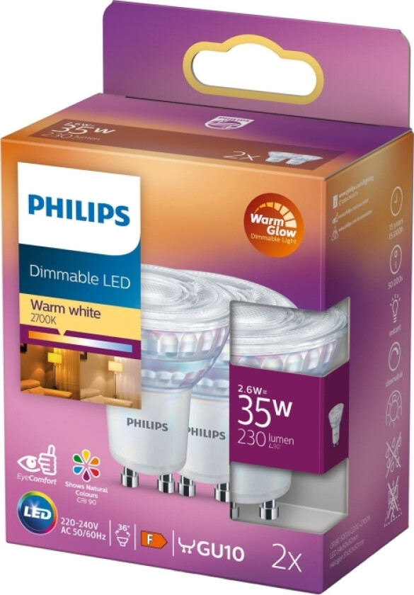 - Led-Pære For Søkelys - Gu10 - 2.6 W (Ekvivalent 35 W) - Klasse F - Varmt Hvitt Lys - 2200-2700 K (En Pakke 2)
