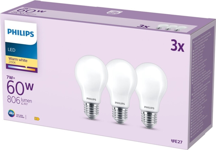 Led Classic - Led-Lyspære - Form: A60 - Mattslipt Finish - E27 - 7 W (Ekvivalent 60 W) - Klasse E - Varmt Hvitt Lys - 2700 K (En Pakke 3)
