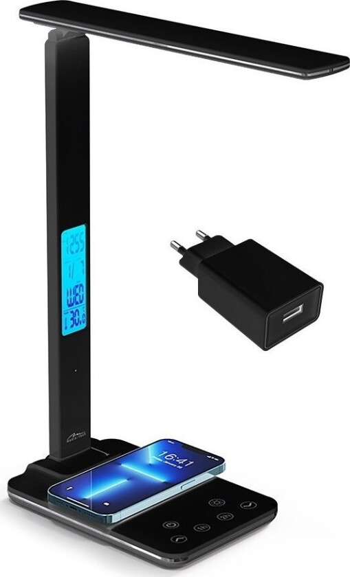 Media-Tech Leditou - Energibesparende Led Skrivebordslampe Med 15W Qi Trådløs Lader. Opplyst Vekkerklokke Med °C/°F Termometer, 3 Lysfarger, 9 Lyssty
