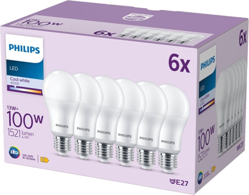 - Led-Lyspære - Form: A67 - Mattslipt Finish - E27 - 13 W (Ekvivalent 100 W) - Klasse E - Kjølilg Hvitt Lys - 4000 K (En Pakke 6)