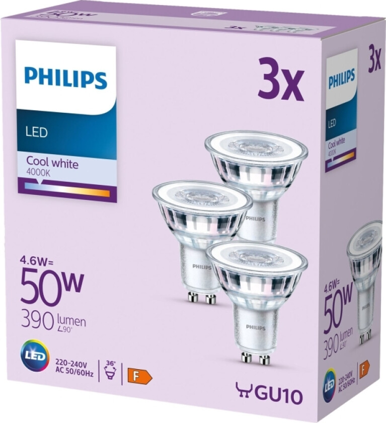 Led Classic - Led-Pære For Søkelys - Klar Finish - Gu10 - 4.6 W (Ekvivalent 50 W) - Klasse F - Kjølilg Hvitt Lys - 4000 K (En Pakke 3)