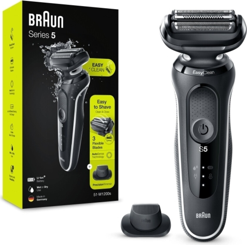 Series 5 51-W1200s, Barberingsmaskin, Autosense, Knapper, Sort, Hvit, Led, Batteri