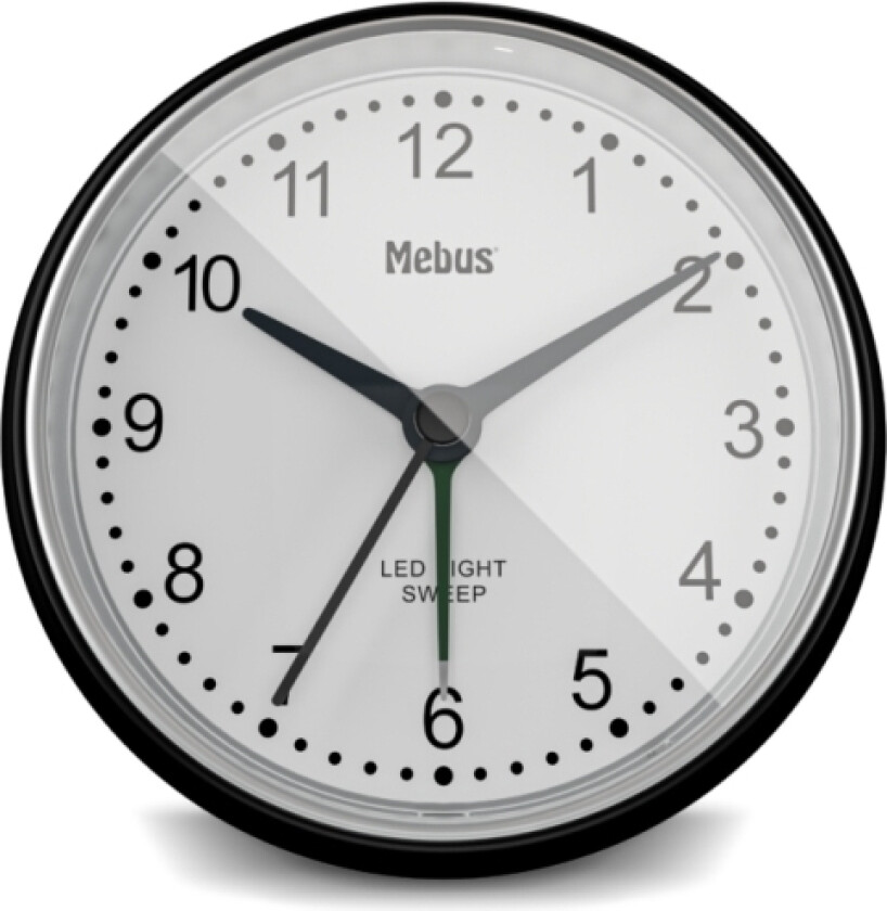 Mebus 25806, Quartz Vekkerklokke, Rund, Sort, Hvit, 12 Timers, Hvit, Analog