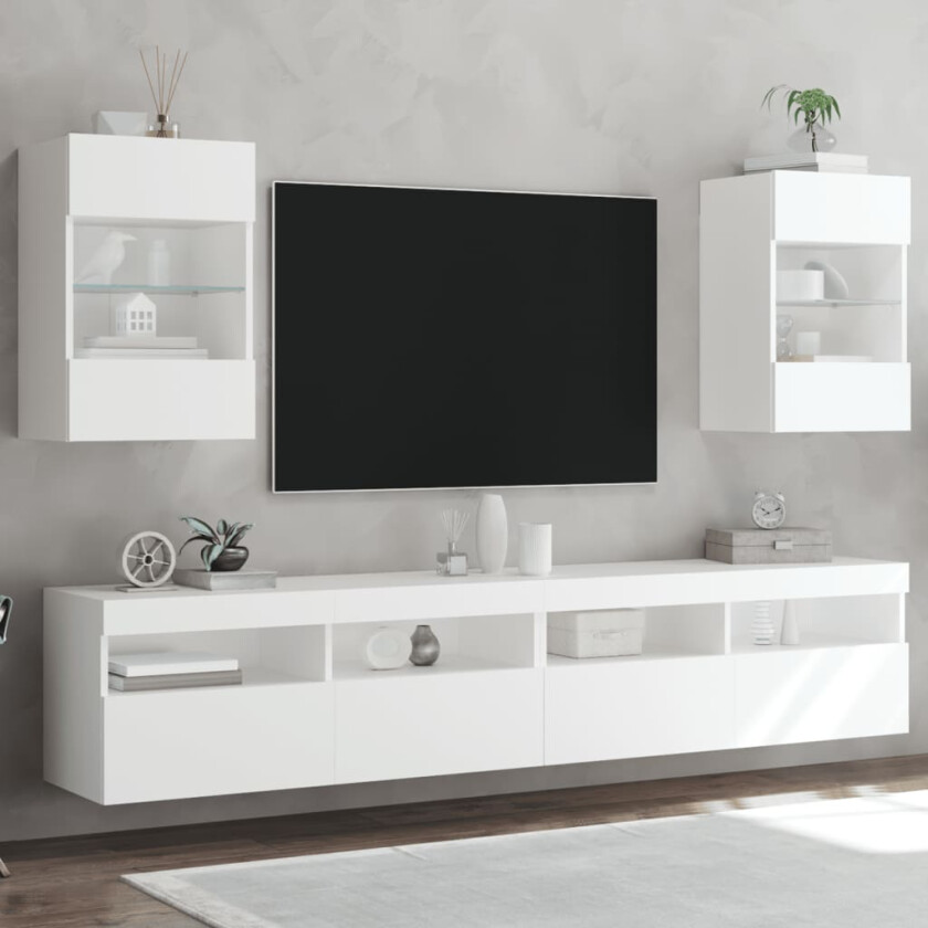 Vegghengte TV-benker med LED 2 stk hvit 40x30x60,5 cm