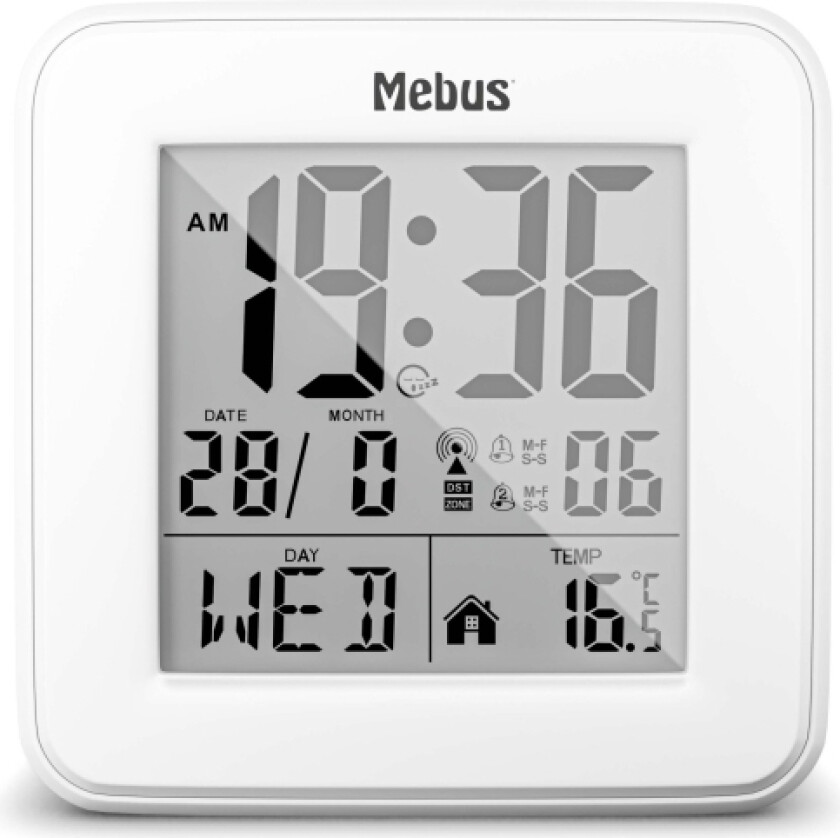 Mebus 25594, Digital Vekkerklokke, Firkant, Hvit, 12/24H, F, °C, Alle Kjønn