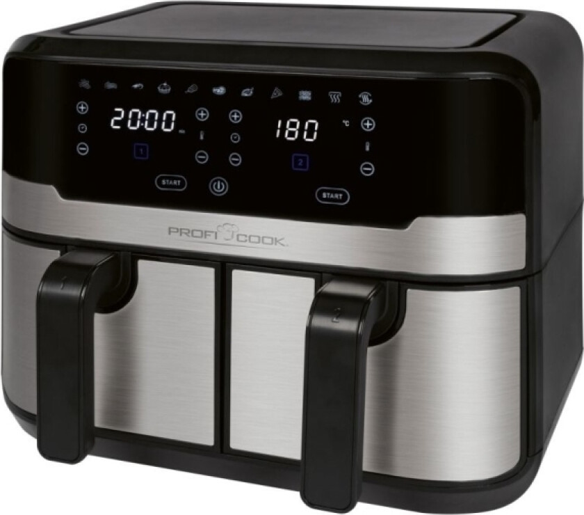Proficook Pc-Fr 1242 H, Varmluftsfrityr, 9 L, 40 °C, 200 °C, Dobbel, Sort, Rustfritt Stål