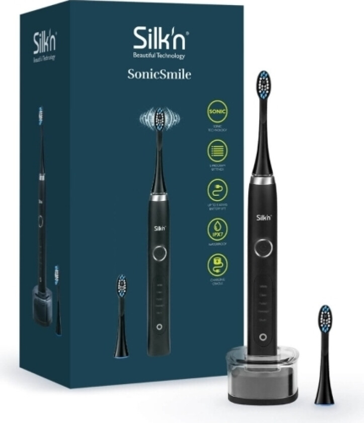 Silk''n Sonicsmile, Voksen, Vibrerende Tannbørste, Daglig Stell, Massasje, Polering, Whitening, Sort, 31000 Bevegelser Per Minutt, 2 Min