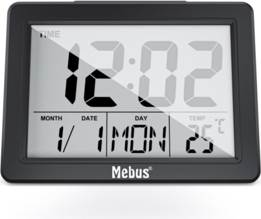 Mebus 25739, Quartz Vekkerklokke, Rektangel, Sort, 12/24H, F, °C, Blå