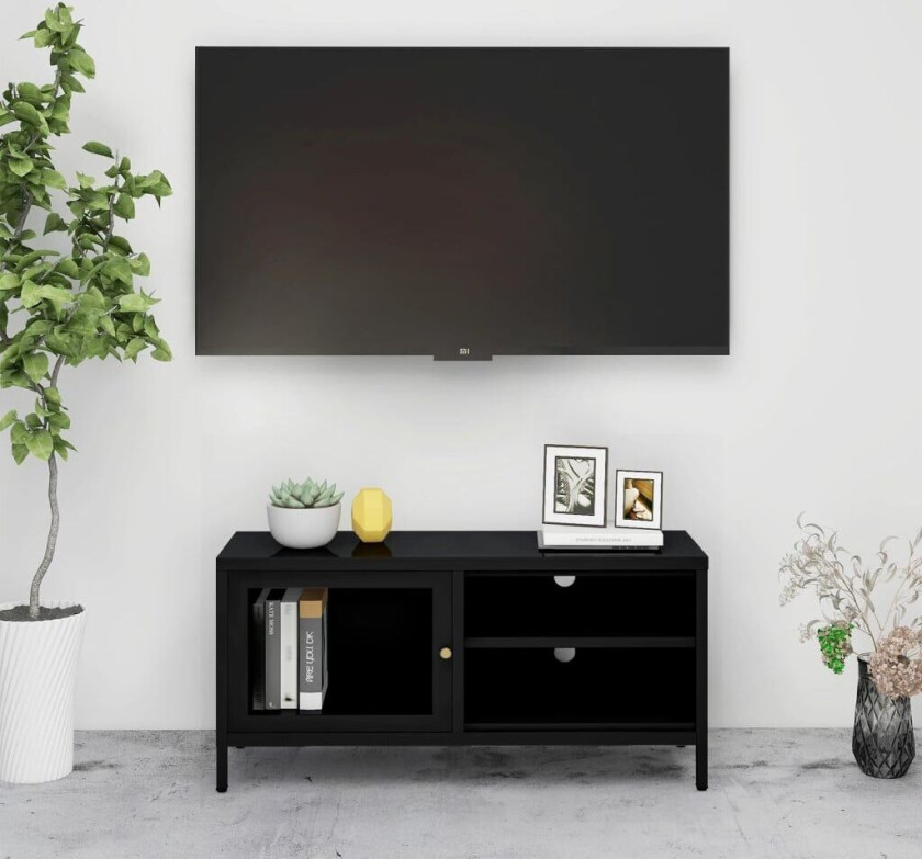 TV-benk svart 90x30x44 cm stål og glass