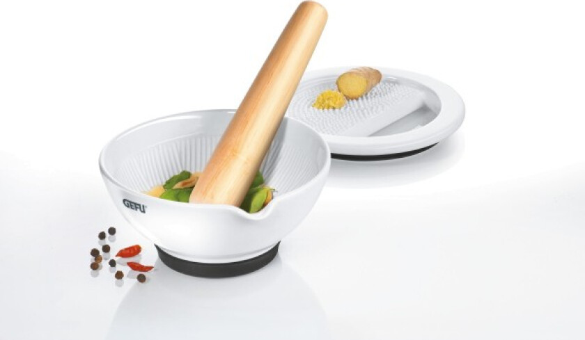 Suri, Valnøtt, Hvit, Porselen, Teak Wood, Morter Og Pistill, 125 Mm, 57 Mm, 140 Mm