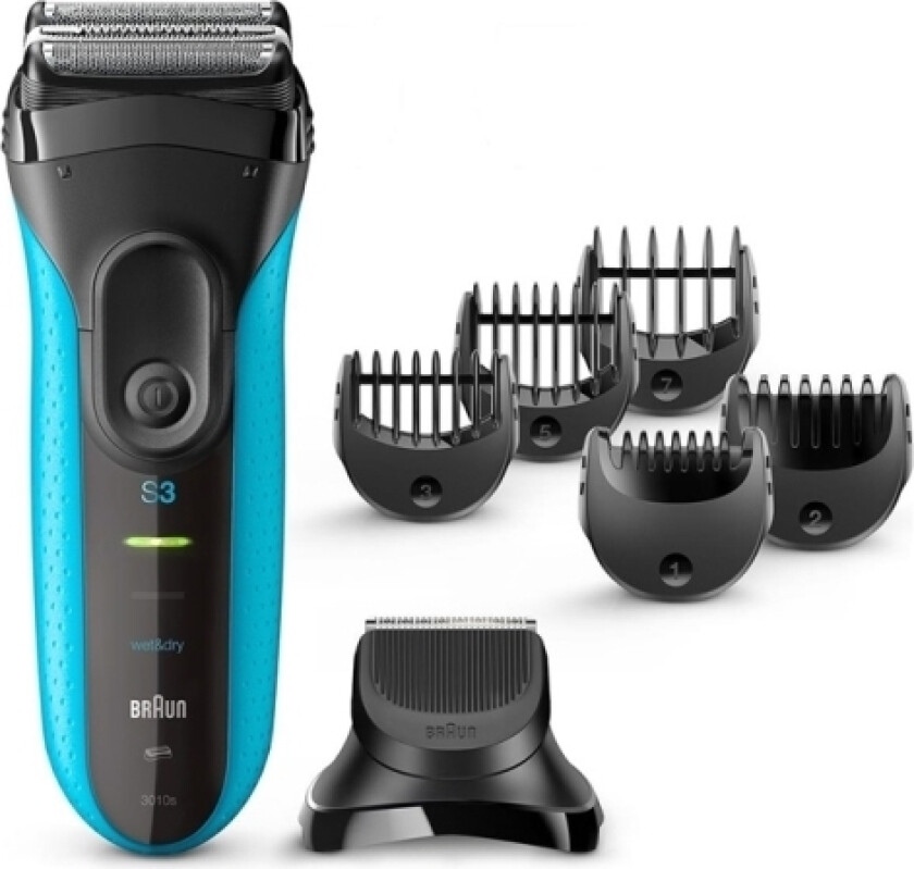 Series 3 Shave&Style 3010Bt, Barberingsmaskin, 2 Sensofoil, 1 Middle Trimmer, 5 Kammen 17 Mm, Sort, Blå, Led, Batteri, Nikkelmetallhydrid (Nimh