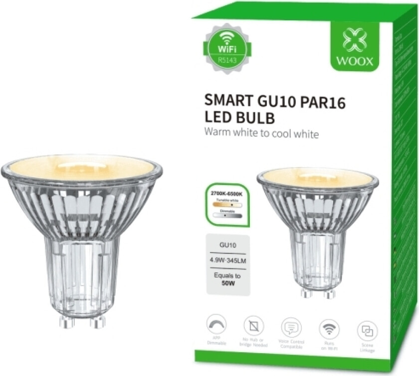 Woox R5143, Smartpære, Hvit, Wi-Fi/Bluetooth, Gu10, Kjølig Hvit, Varm Hvit, 2700 K