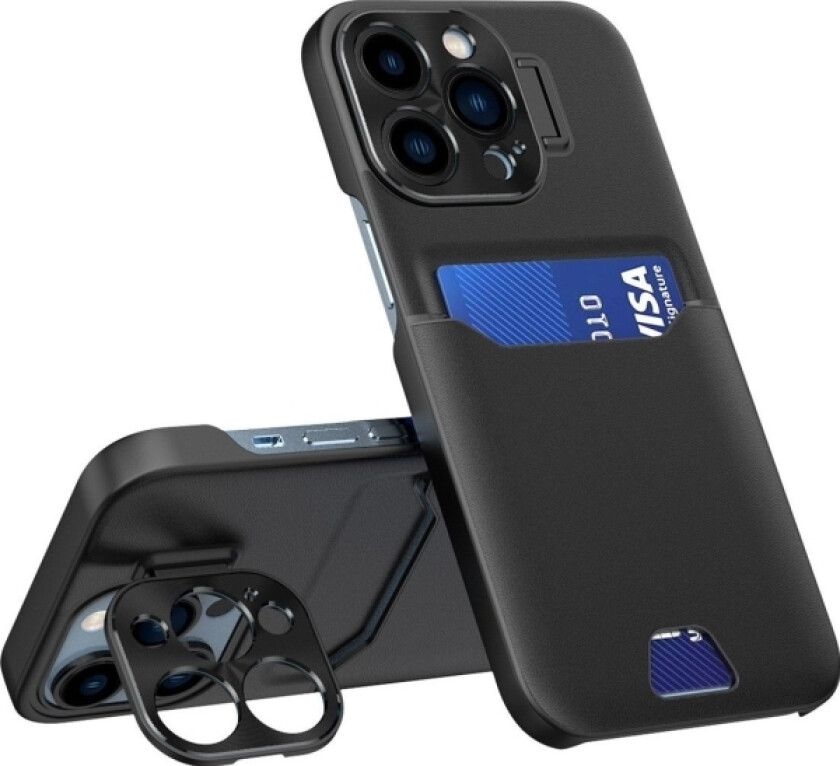 Skinnveske Med Stativ Iphone 14 Pro Kortveske Med Stativ Svart