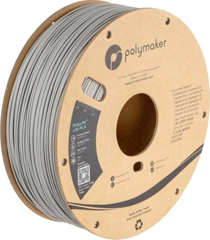 Polymaker Pa08003 Filament Lw-Pla Mat, Lav Massefylde 1.75 Mm 800 G Grå Polylite™ 1 Stk