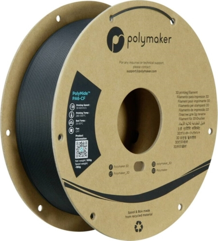 Polymaker Pg03001 Filament Pa6-Cf Kemisk Bestandig, Høj Grad Af Trækstyrke, Kulfiberforstærket 1.75 Mm 500 G Sort Polymide™ 1 Stk