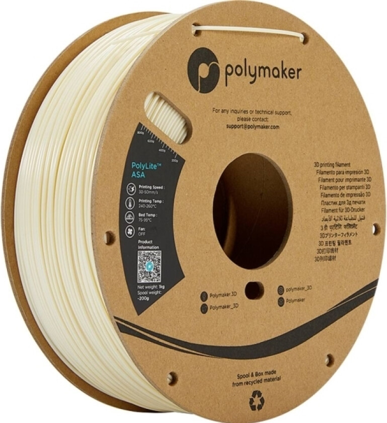 Polymaker Pf01006 Natural Filament Asa Uv-Bestandig, Vejrbestandig, Varmebestandig, Slagfast 1.75 Mm 1000 G Natur Polylite™ 1 Stk