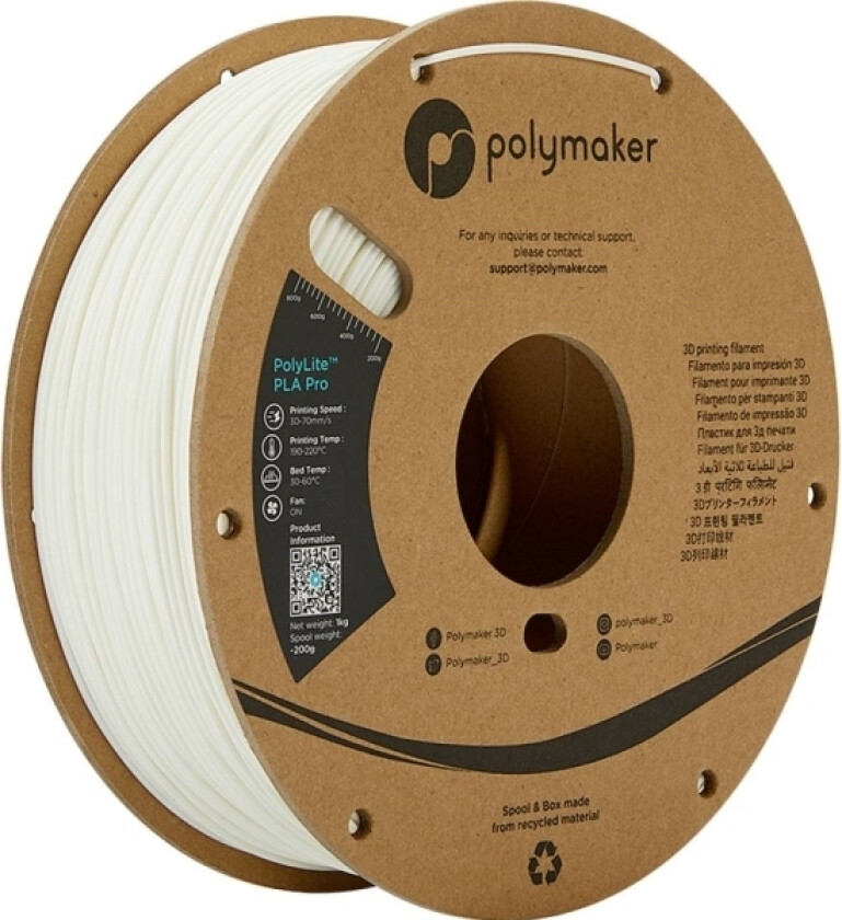 Polymaker Pa07002 Filament Pla Pro Høj Grad Af Stivhed, Slagfast 1.75 Mm 1000 G Hvid Polylite™ 1 Stk