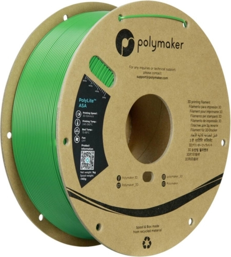 Polymaker Pf01030 Green Filament Asa Uv-Bestandig, Vejrbestandig, Varmebestandig, Slagfast 1.75 Mm 1000 G Grøn Polylite™ 1 Stk