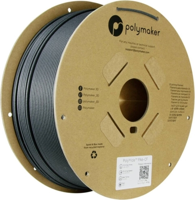 Polymaker Pg03004 Filament Pa6-Cf Kemisk Bestandig, Varmebestandig, Kulfiberforstærket 1.75 Mm 2000 G Sort Polymide™ 1 Stk