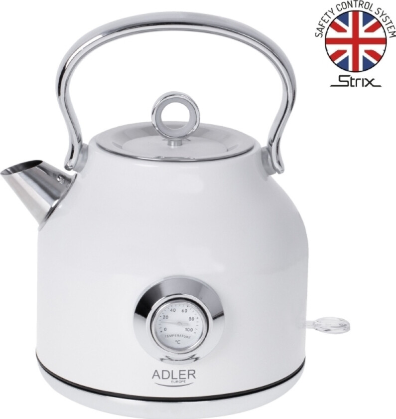 Adler Vannkoker Med Termometer Ad 1346W Elektrisk, 2200 W, 1,7 L, Rustfritt Stål, 360° Roterende Base, Hvit (Ad 1346 White)
